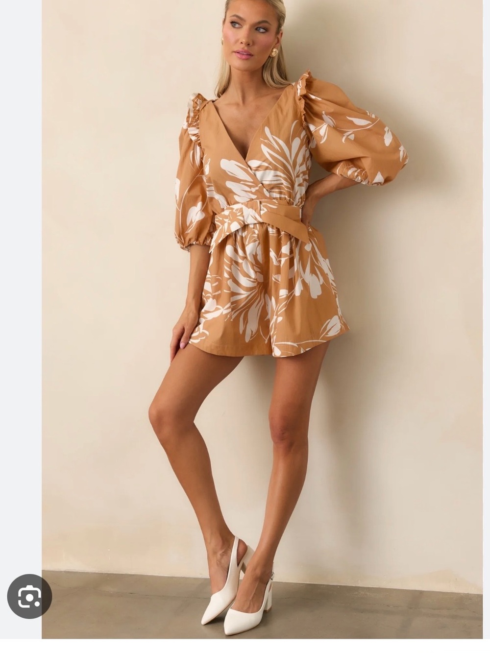 Prosperina Atlantana Tan Floral Wrap Romper Shorts